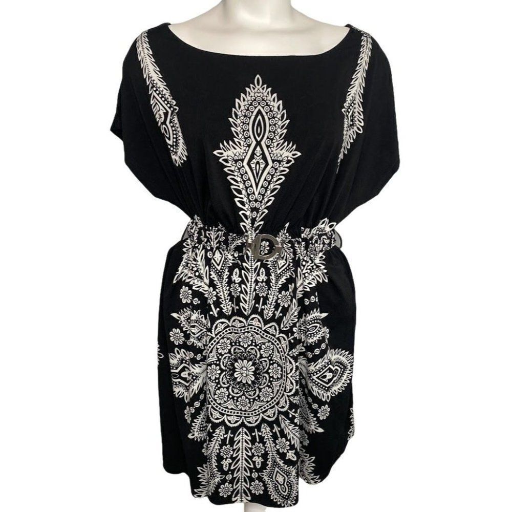 Oxford Circus Black White Mandala Boat Neck Belted Stretch Knit Dress Sz Small‎